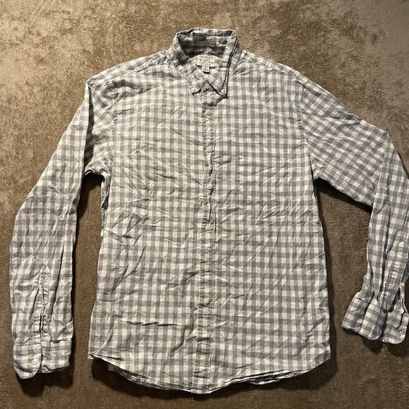 J CREW Shirt Mens Large Buttondown Secret Wash Organic Cotton Gray Slim Gingham - Picture 1 of 6